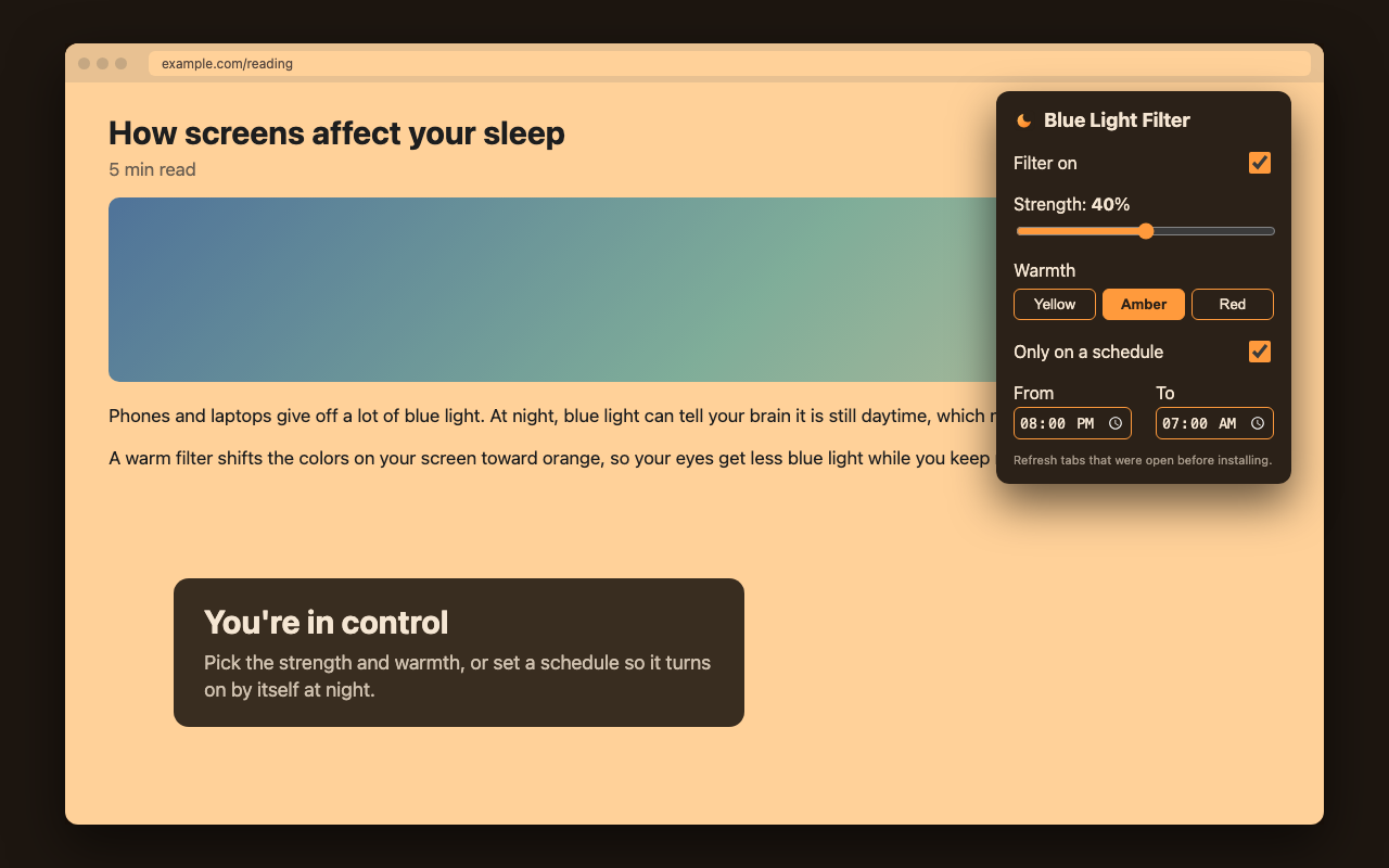 The Blue Light Filter control panel with strength, warmth, and schedule settings